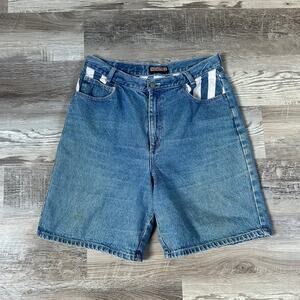 Vintage Memphis Denim High Rise Shorts Blue Cotton Striped Waist 90s Y2K Large